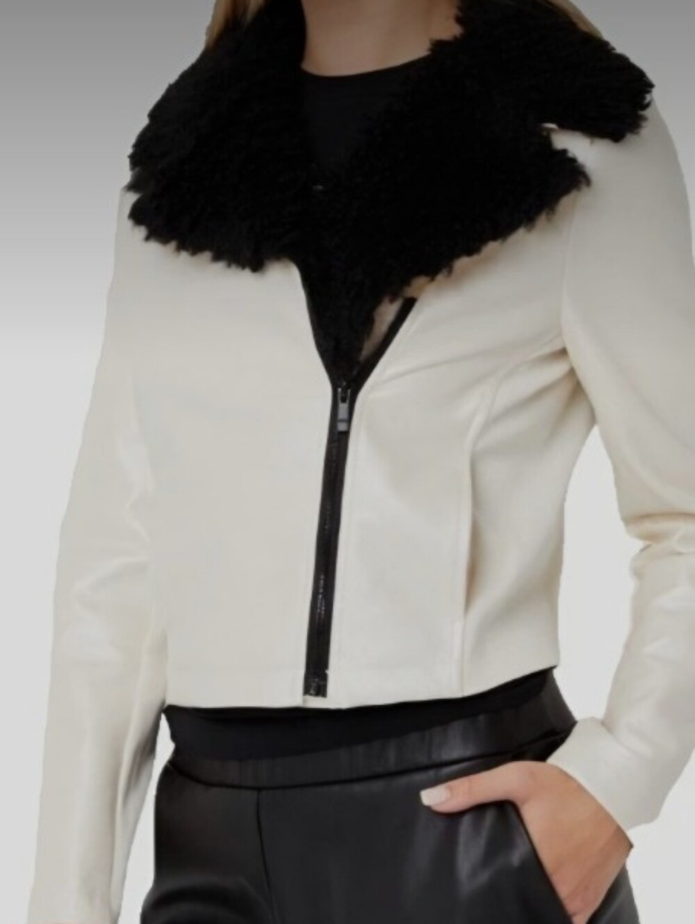 JUICY COUTURE Womens White Shimmer Black Faux Fur Y2K Moto Jacket M